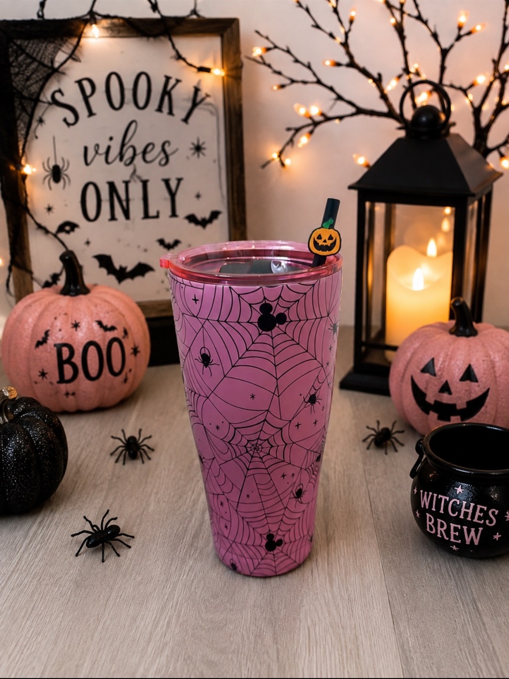 Pink Spiderweb Tumbler with Straw, Disney Halloween Tumbler, Disney Tumbler